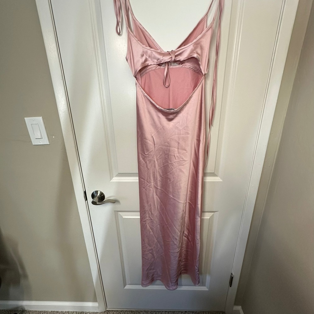 Zara Maxi Dress Womens Small Pink Satin Slip V-Neck Tie Front Open Back Evening - Picture 10 of 13